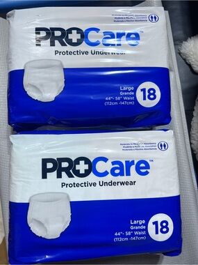 ProCare Adult White Protective Underwear - 18 Count x 2 packs , Size L, New
